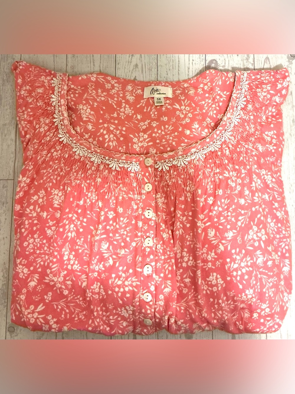 Women’s Pink and White Floral Button-Front Nightgown with Lace Trim